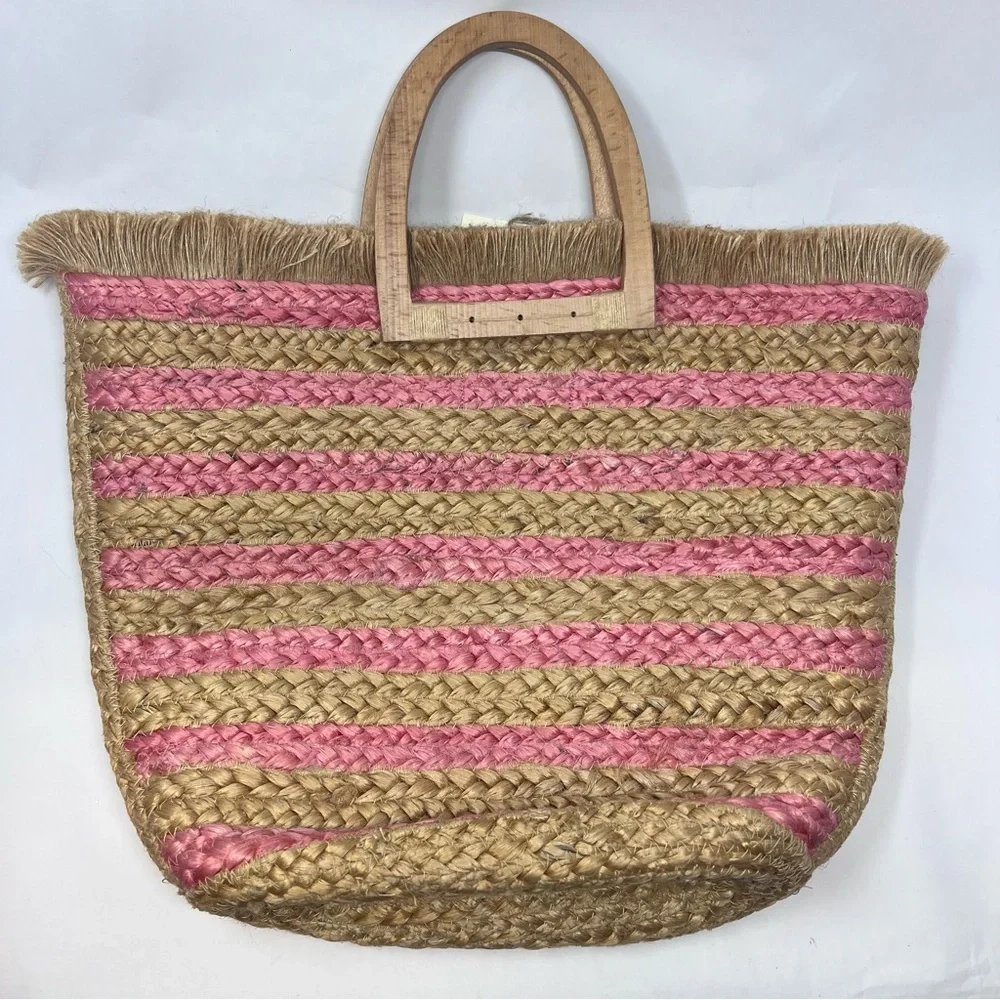 NWT Antik Kraft Natural and Pink Striped Jute Tote with Wooden Handles - Picture 2 of 10